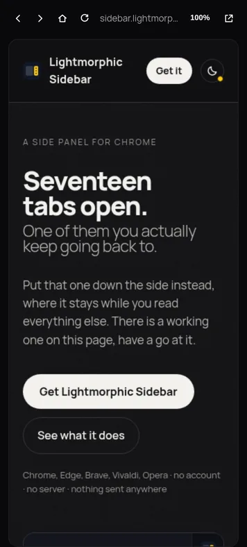 The Lightmorphic Sidebar website open inside the panel